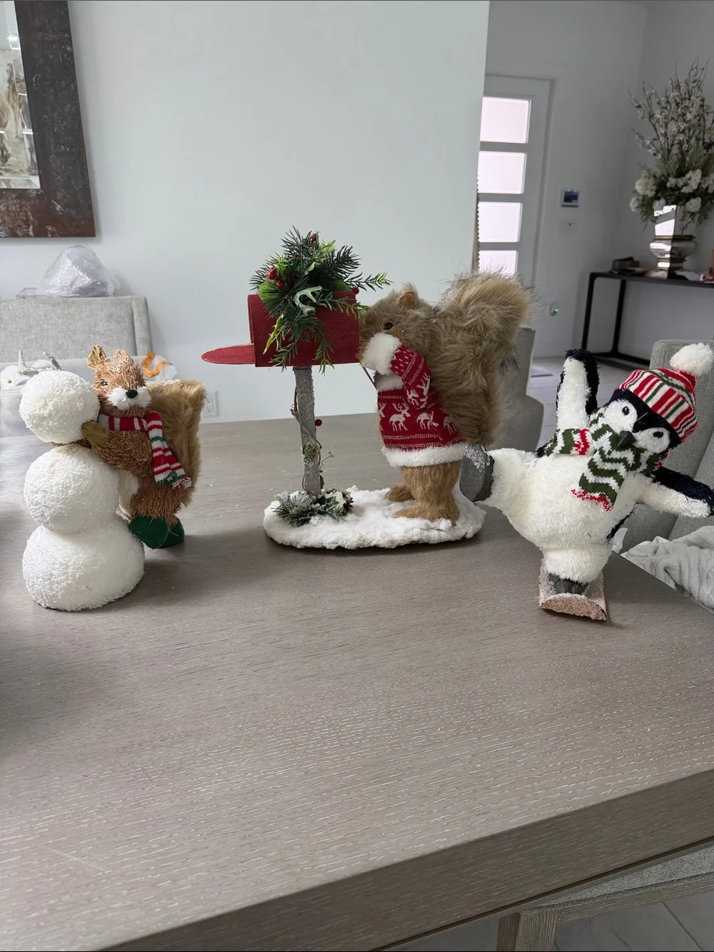 Pier 1 Imports Flocked Holiday Squirrel with Red Sweater. Snowman and Penguin.